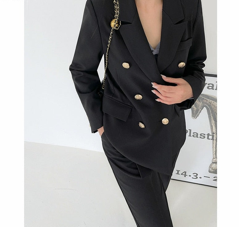 Women's Notched Collar Full Sleeves Double Breasted Blazer Set