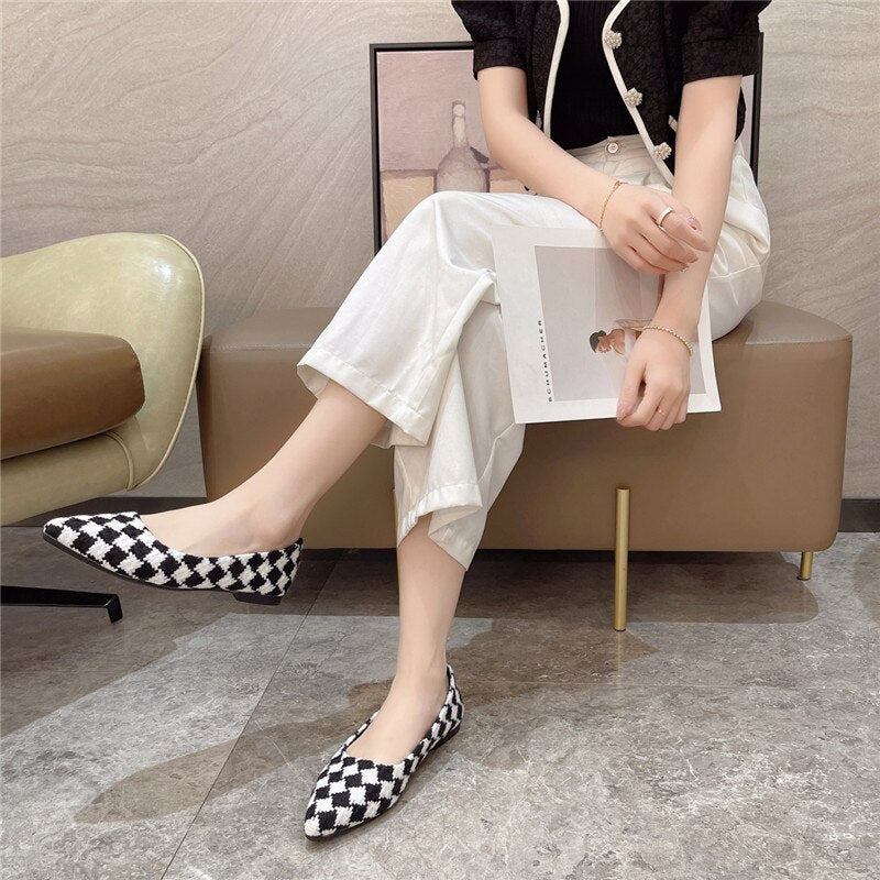 Women's Mesh Pointed Toe Slip On Closure Plaid Casual Shoes