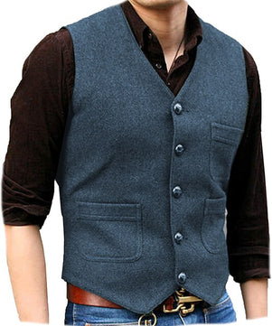 Men's Wool V-Neck Sleeveless Plain Single Breasted Formal Vests