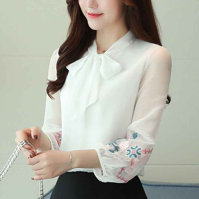 Women's Bow Embroidery Chiffon Quarter Sleeves Vintage Blouse