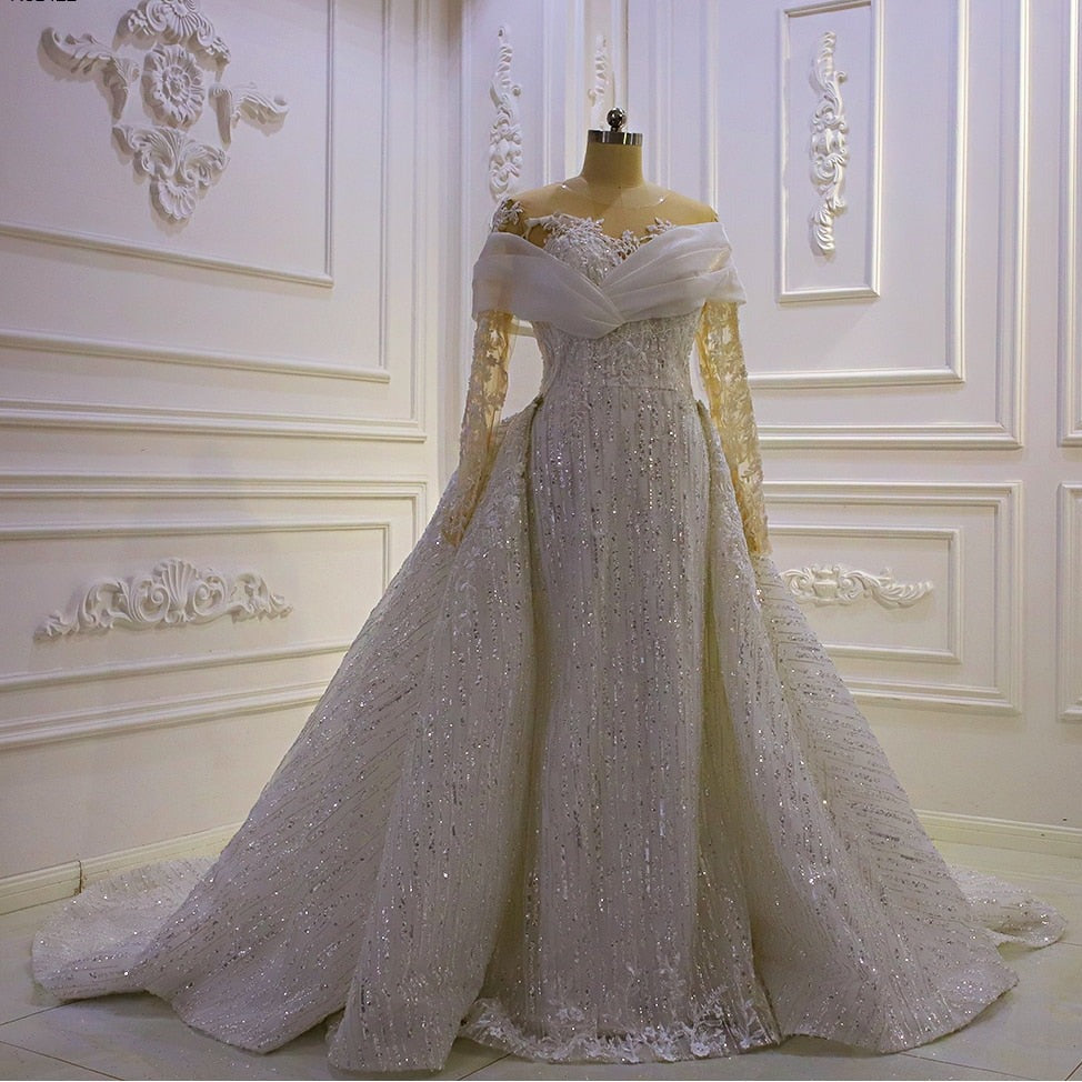 Women's V-Neck Full Sleeves Court Train Zipper Wedding Dress