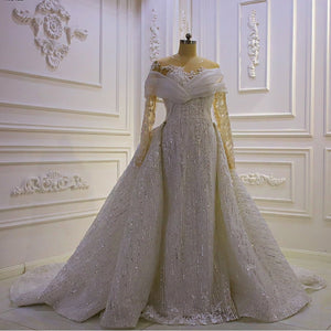 Women's V-Neck Full Sleeves Court Train Bridal Wedding Dress