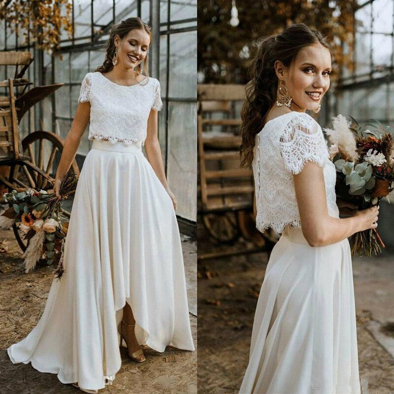 Women's Satin O-Neck Short Sleeves Sweep Train Wedding Dress