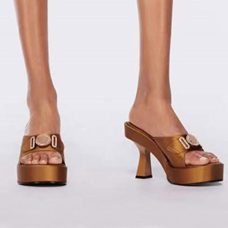 Women's Microfiber Thick High Heel Platform Solid Pattern Sandals