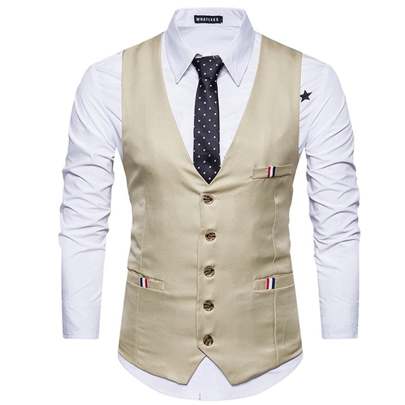 Men's Polyester V-Neck Single Breasted Formal Wear Suit Vest