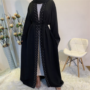 Women's Arabian V-Neck Polyester Full Sleeve Pearl Pattern Abaya