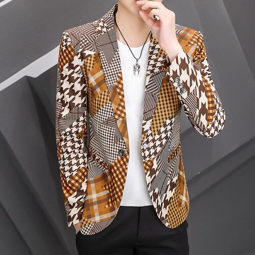 Men's Notched Collar Long Sleeve Printed Single Breasted Blazers