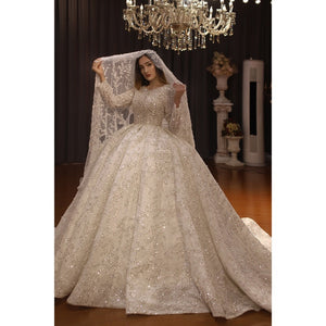 Women's Romantic Neck Full Sleeves Court Train Wedding Dresses