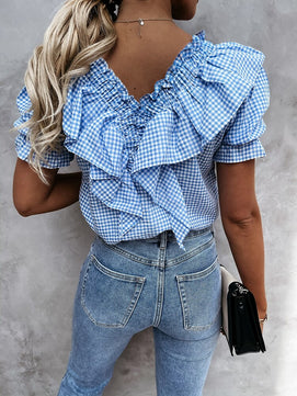 Women's V-Neck Short Sleeves Ruffle Pattern Plaid Vintage Blouses