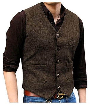 Men's Wool V-Neck Sleeveless Plain Single Breasted Formal Vests