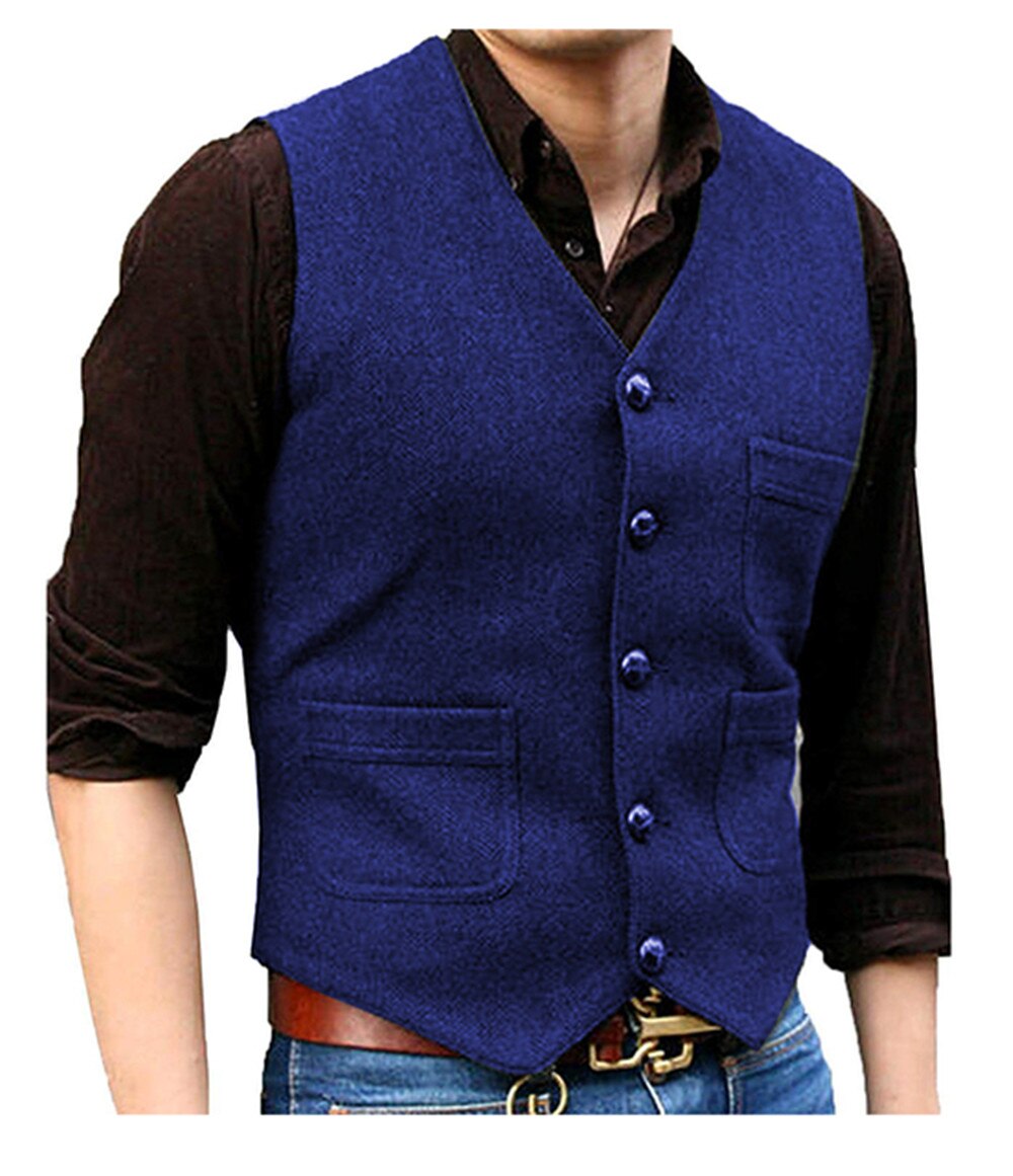 Men's Wool V-Neck Sleeveless Plain Single Breasted Formal Vests