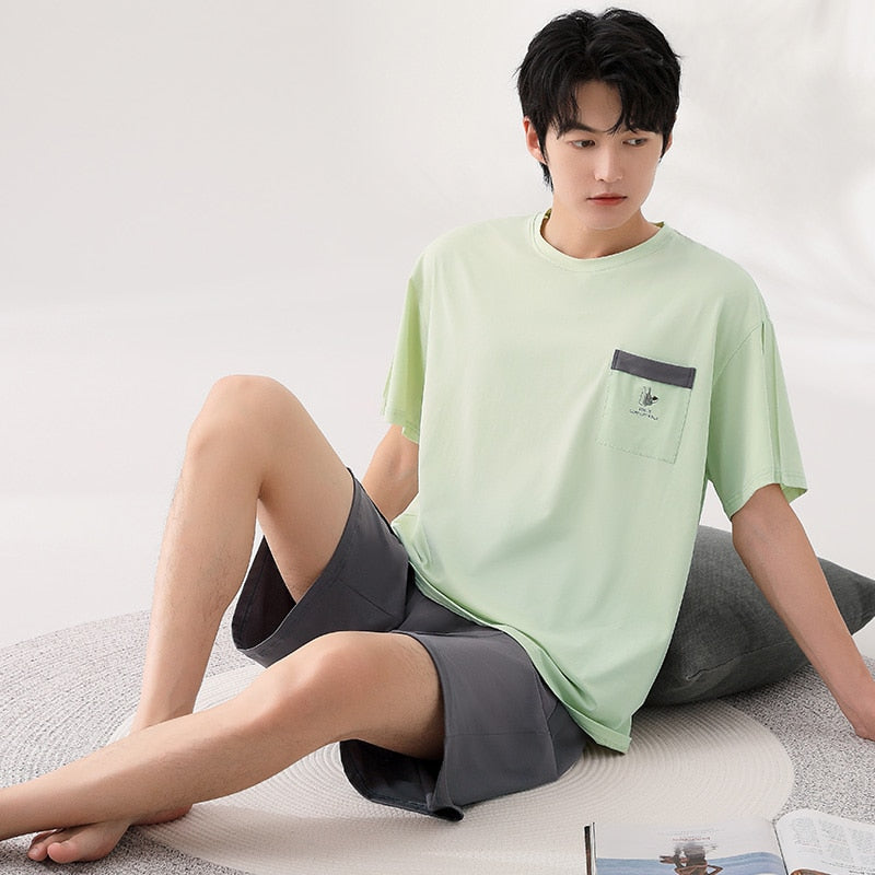 Men's Cotton Short Sleeve O-Neck Solid Pattern Sleepwear Set