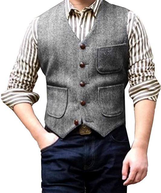 Men's Wool V-Neck Sleeveless Plain Single Breasted Formal Vests