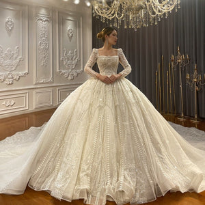 Women's Square Neck Full Sleeves Court Train Bridal Wedding Dress