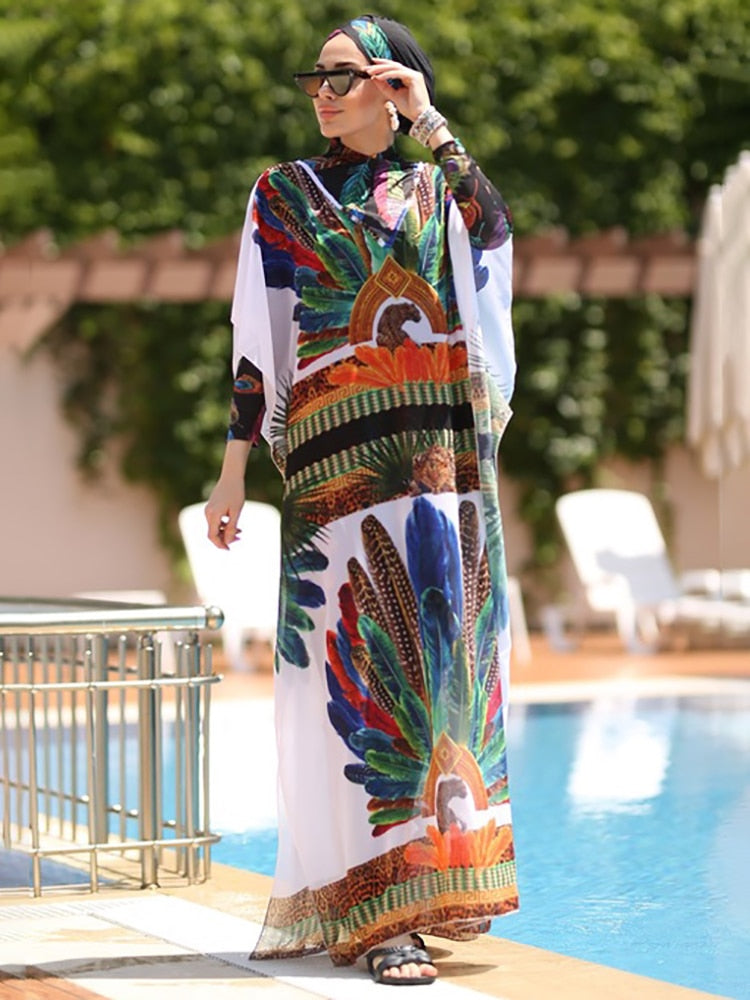 Women's Arabian Acrylic Full Sleeves Printed Modest Swimwear Dress