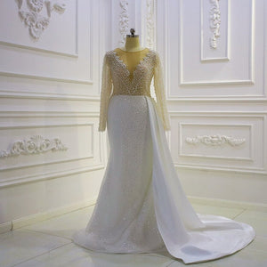 Women's Satin V-Neck Long Sleeve Court Train Bridal Wedding Dress