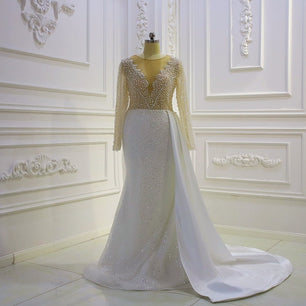 Women's V-Neck Full Sleeves Court Train Bridal Wedding Dress