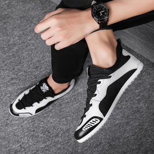 Men's Round Toe Leather Breathable Lace Up Closure Gym Sneakers