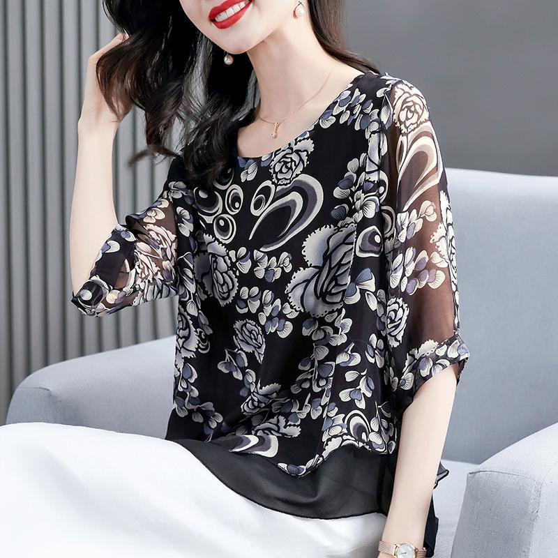 Women's O-Neck Quarter Sleeves Chiffon Printed Vintage Blouse