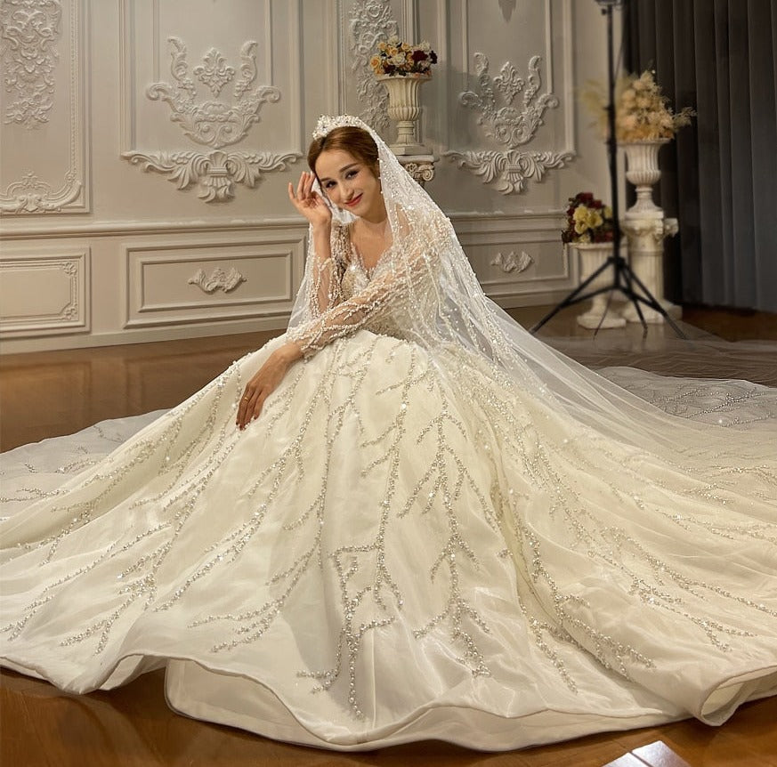 Women's V-Neck Full Sleeves Sweep Train Bridal Wedding Dress