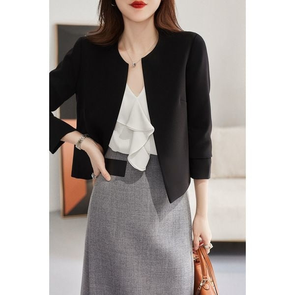 Women's O-Neck Cotton Full Sleeve Casual Wear Plain Blazers