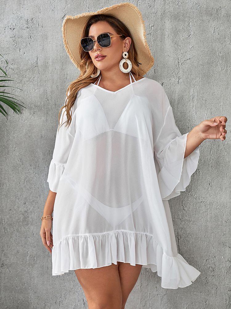 Women's Lace V-Neck Long Sleeves Bathing Swimwear Beach Cover Up