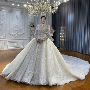 Women's High Neck Full Sleeves Sweep Train Luxury Wedding Dress