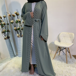 Women's Arabian V-Neck Polyester Full Sleeve Pearl Pattern Abaya