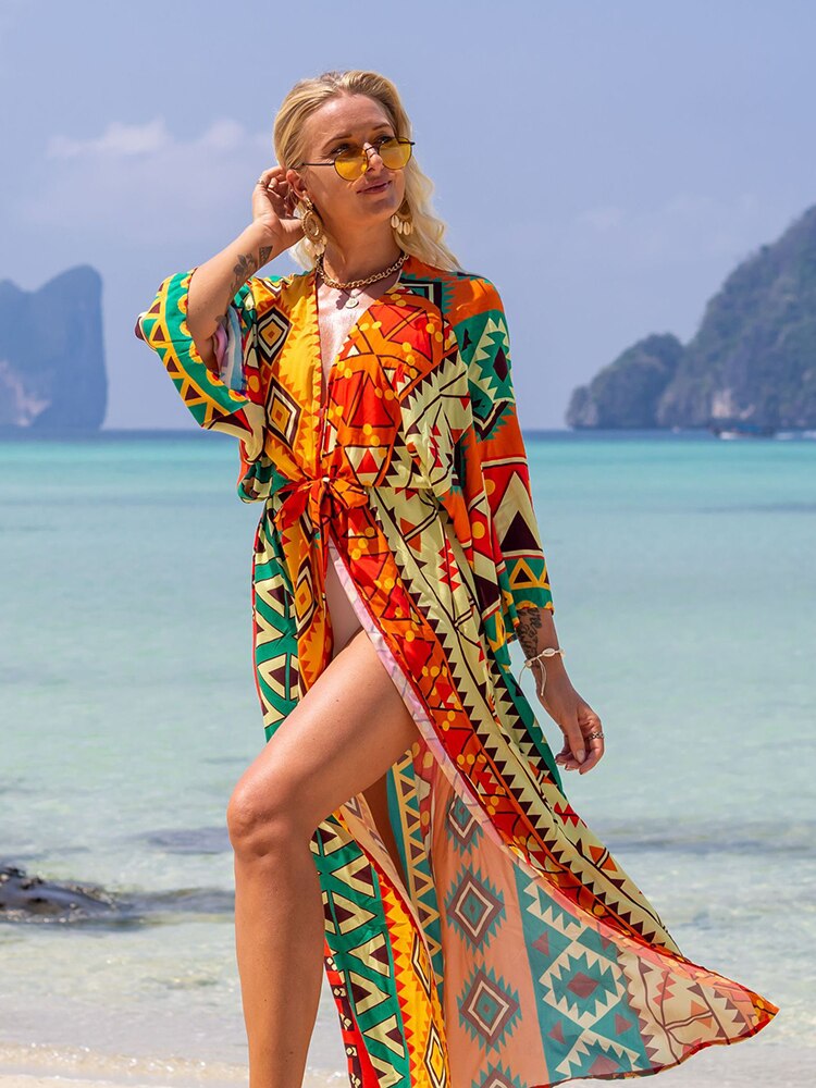 Women's V-Neck Full Sleeve Printed Pattern Kaftan Beach Cover Up