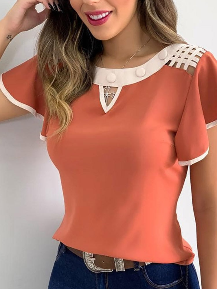 Women's Polyester O-Neck Short Sleeve Solid Pattern Blouses