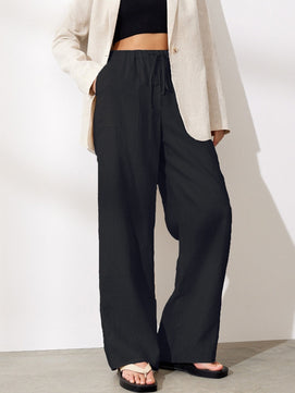 Women's Polyester Mid Elastic Waist Closure Straight Casual Pant