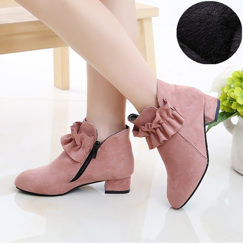 Kid's Girl Flock Square Heels Pointed Toe Zipper Closure Shoes