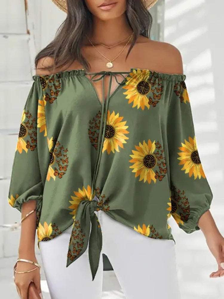 Women's Cotton Off-Shoulder Pullover Closure Elegant Printed Tops