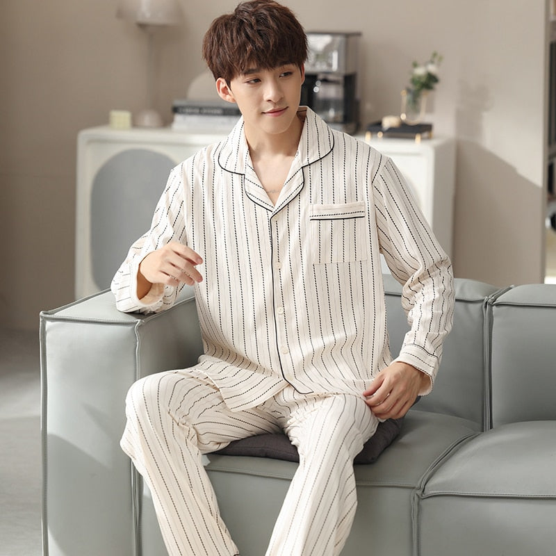 Men's Cotton Full Sleeves Elastic Waist Sleepwear Pajamas Set