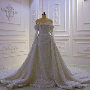 Women's Square-Neck Full Sleeves Court Train Bridal Wedding Dress