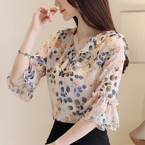 Women's V-Neck Full Flare Sleeve Printed Ruffles Chiffon Blouse