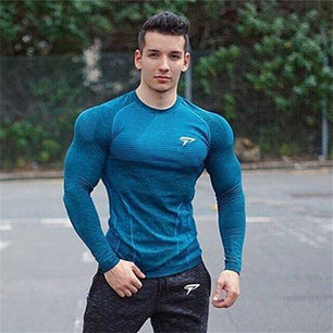 Men's Polyester O-Neck Quick Dry Gym Wear Striped Pattern Shirt