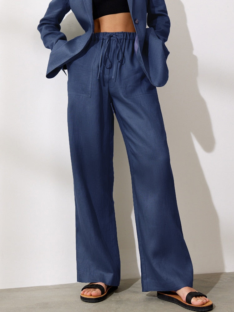 Women's Polyester Mid Elastic Waist Closure Vintage Trousers