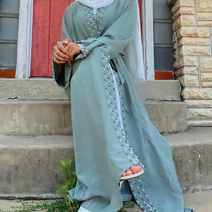 Women's Arabian V-Neck Polyester Full Sleeve Pearl Pattern Abaya