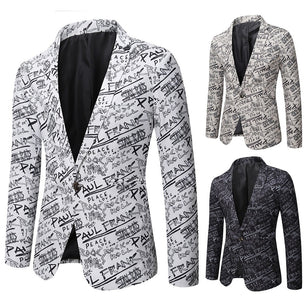 Men's Polyester Full Sleeve Single Button Letter Printed Blazers