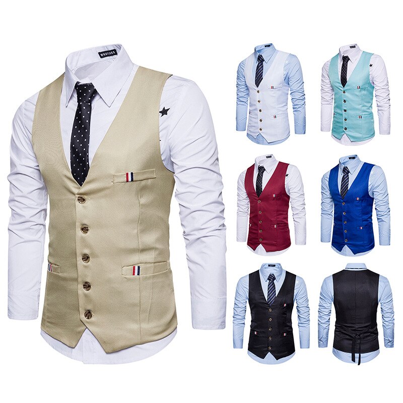 Men's Polyester V-Neck Single Breasted Formal Wear Suit Vest