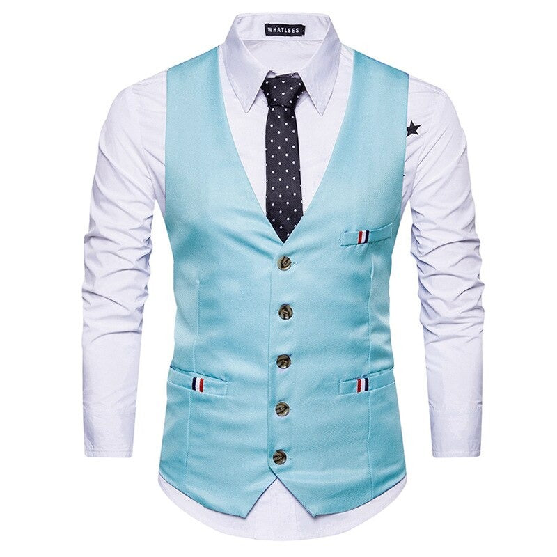 Men's Polyester V-Neck Single Breasted Formal Wear Suit Vest