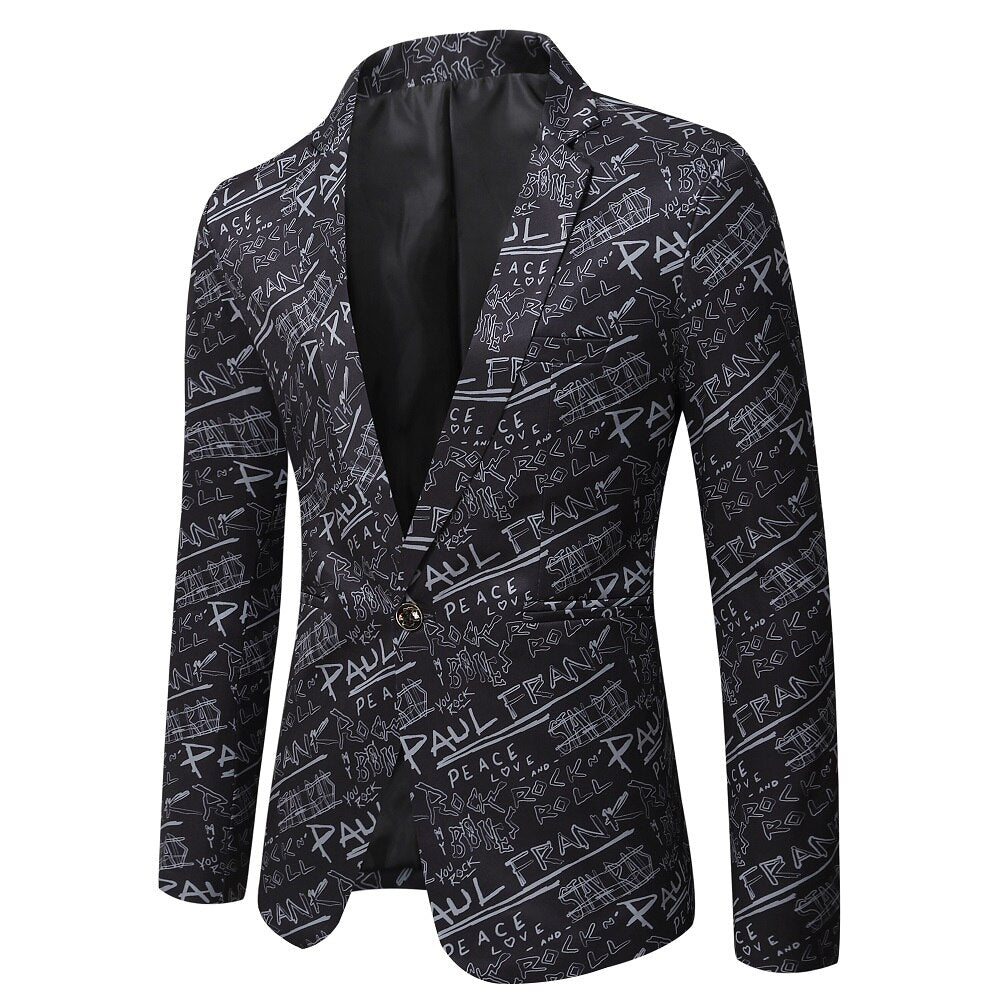 Men's Polyester Full Sleeve Single Button Letter Printed Blazers