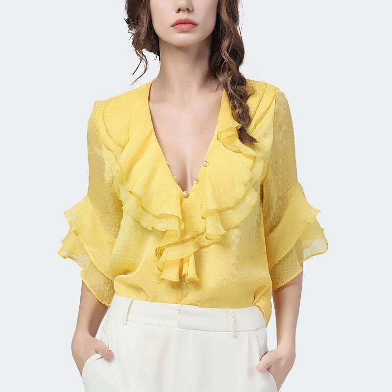 Women's Deep V-Neck Full Sleeve Solid Ruffle Chiffon Blouses