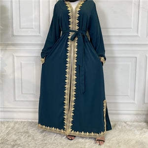 Women's Arabian V-Neck Polyester Full Sleeves Embroidery Dress