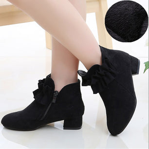 Kid's Girl Flock Square Heels Pointed Toe Zipper Closure Shoes