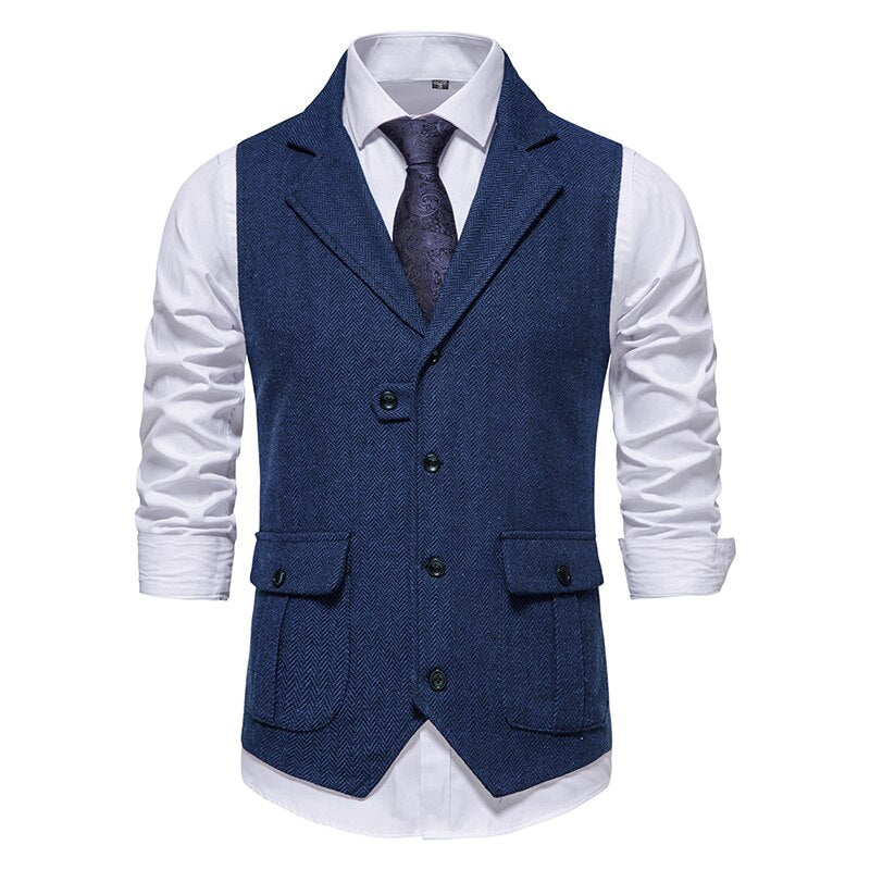 Men's Polyester Herringbone Tweed Gentleman Formal Suit Vest