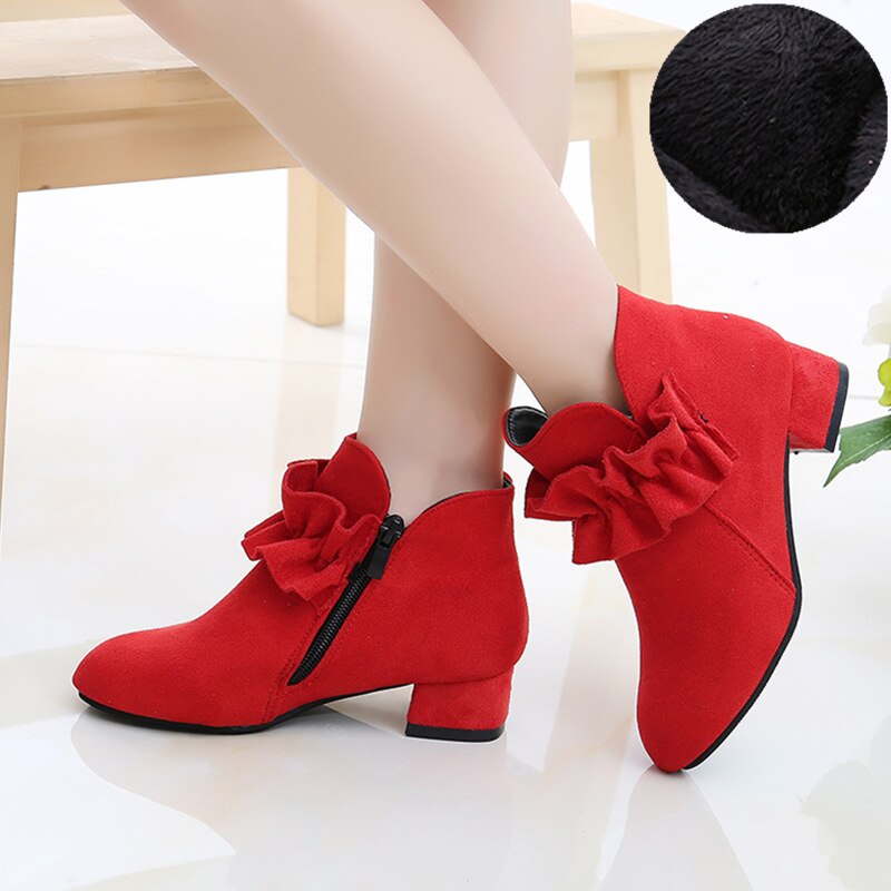 Kid's Girl Flock Square Heels Pointed Toe Zipper Closure Shoes