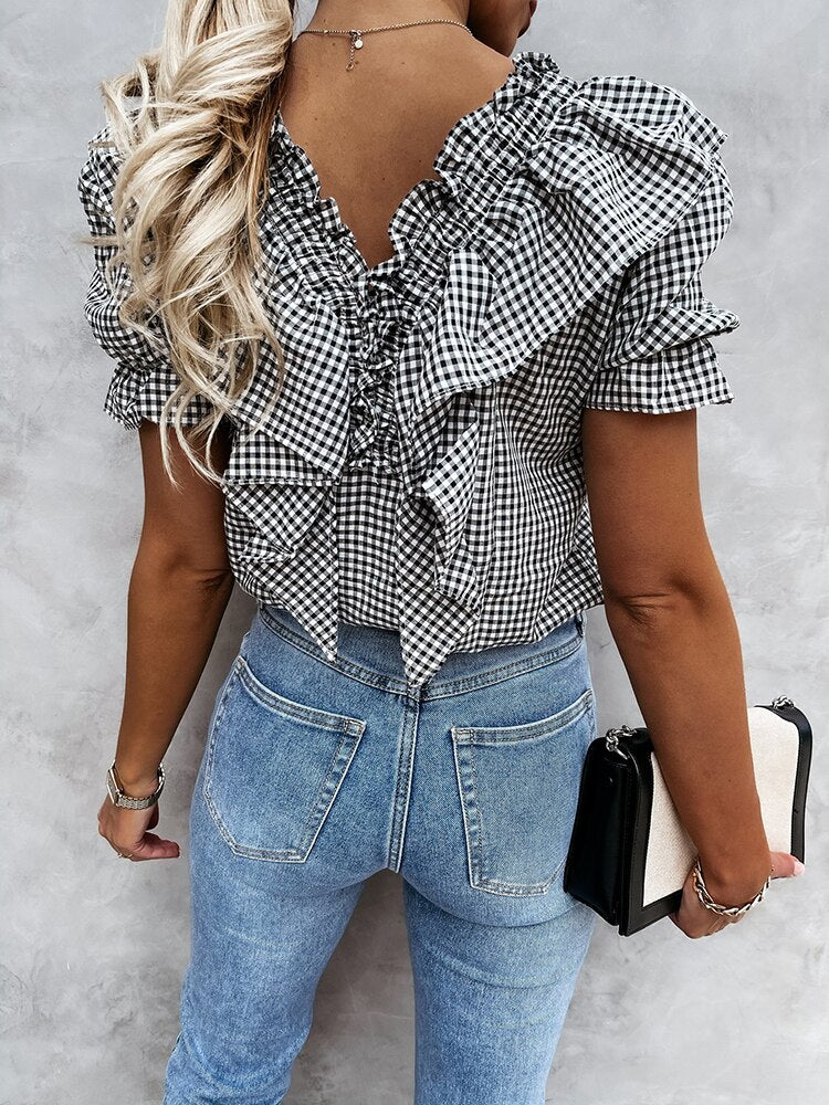 Women's V-Neck Short Sleeves Ruffle Pattern Plaid Vintage Blouses