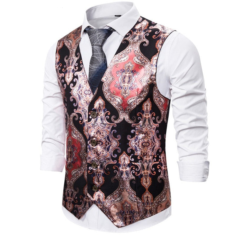 Men's V-Neck Sleeveless Floral Single Breasted Formal Vests